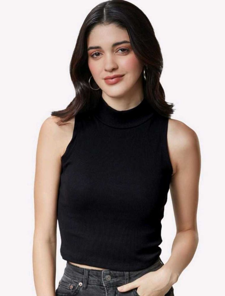 Sleeveless Black Turtleneck Crop Top