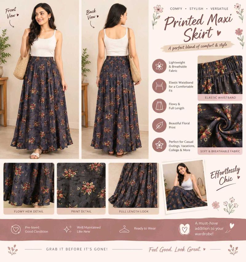 Beautiful Dark Grey Floral Printed Maxi Skirt 🌸