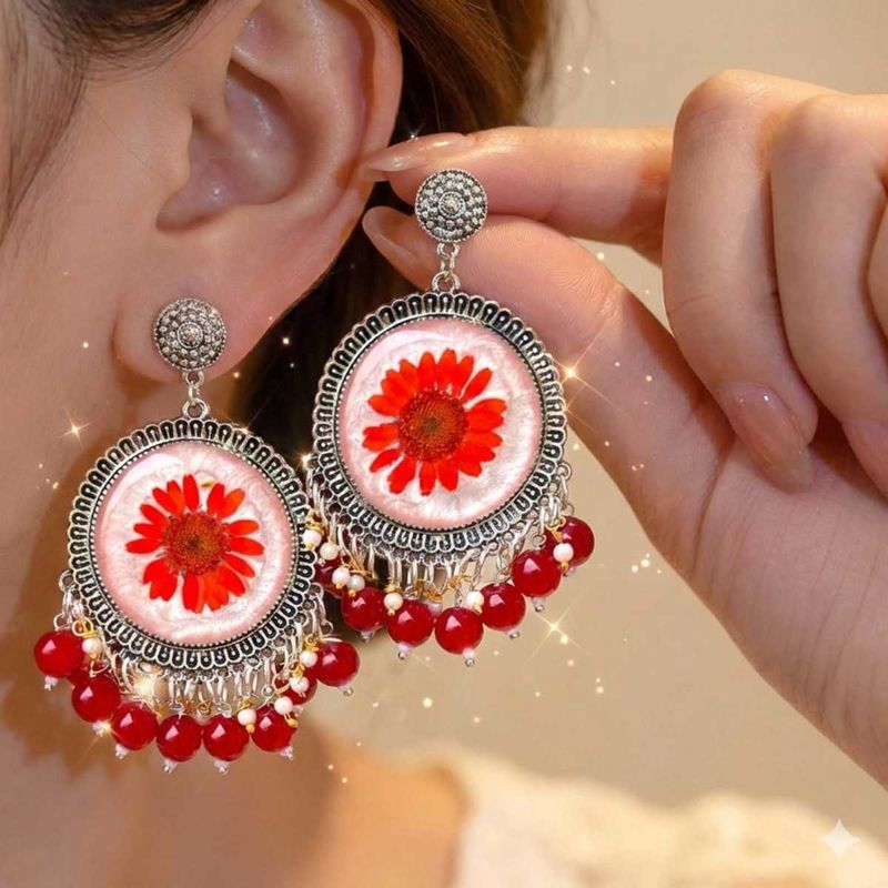Boho Handmade Red Flower Chandelier Earrings
