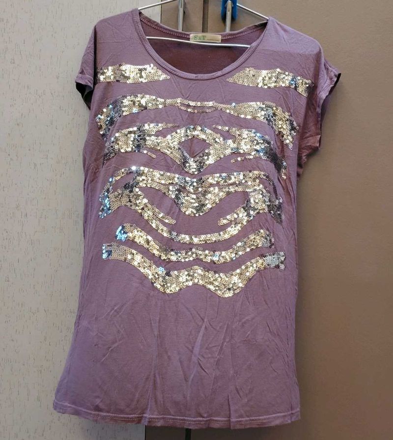Sequin Embellished Purple T-Shirt