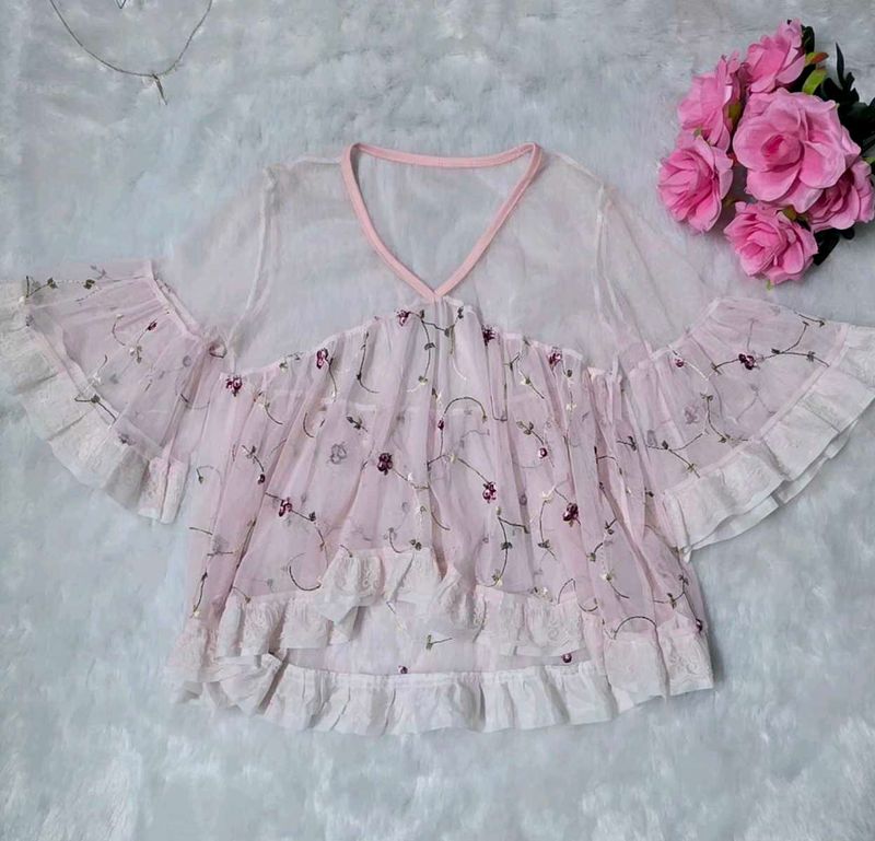 Pastel Pink Floral Sheer Ruffle Top | Cute Aesthet