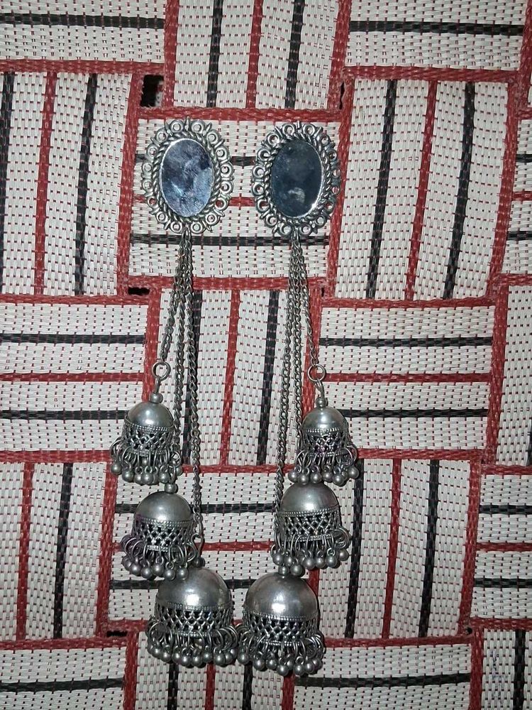 Oxidised Silver Jhumka Earrings with Mirror