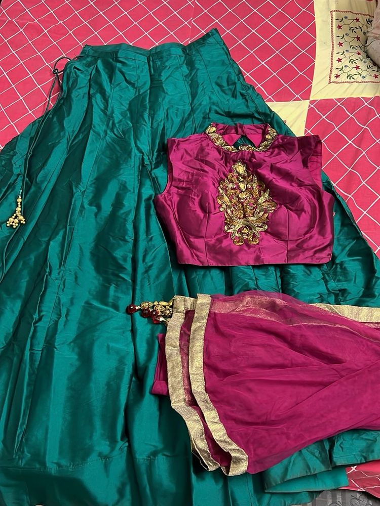 Stunning Teal Lehenga Choli with Pink Blouse