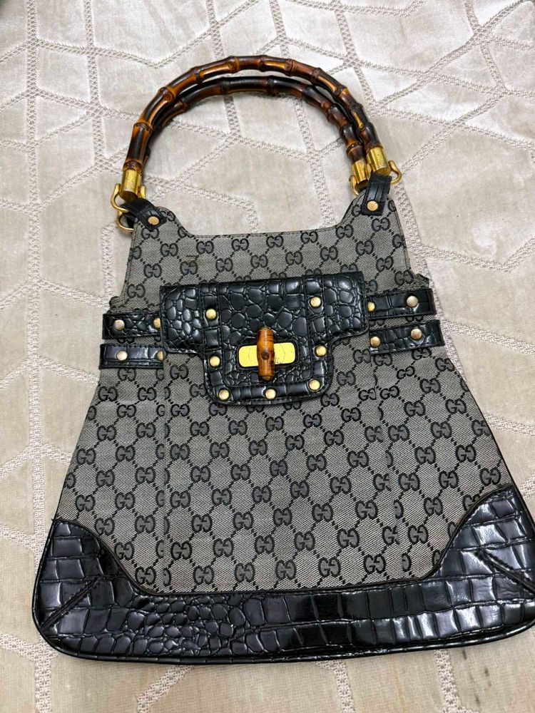 Gucci Bamboo Handle Monogram Shoulder Bag