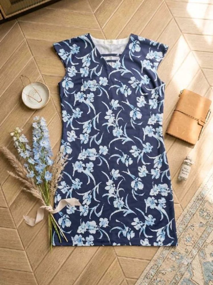 Navy Floral Print V-Neck Dress