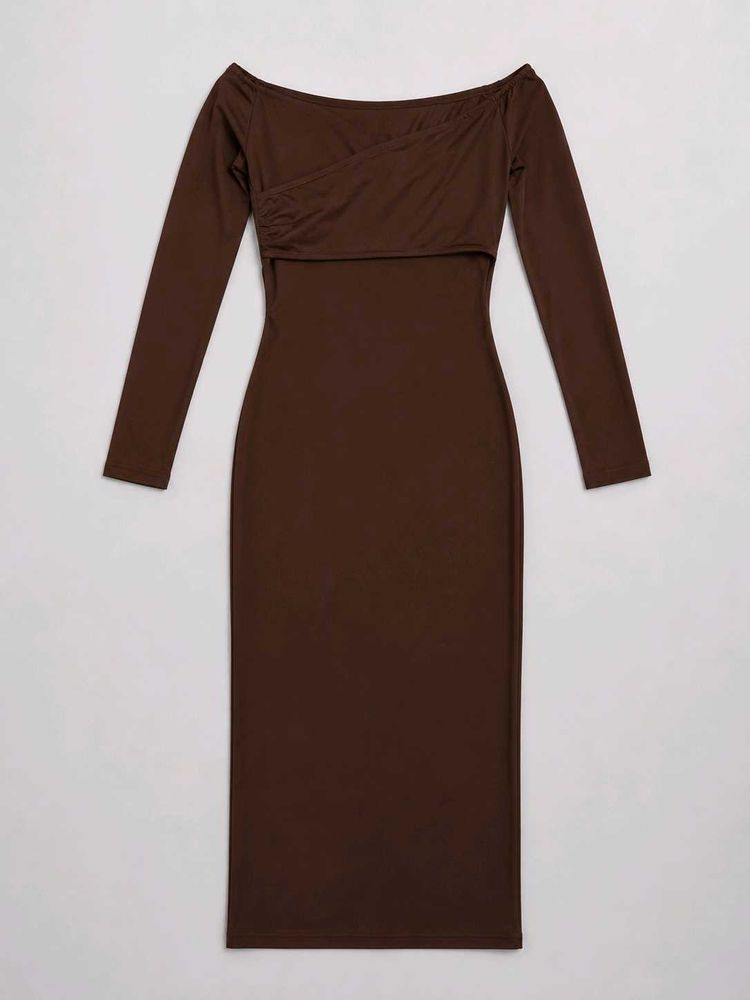 Chic Brown Off-Shoulder Long Sleeve Dress