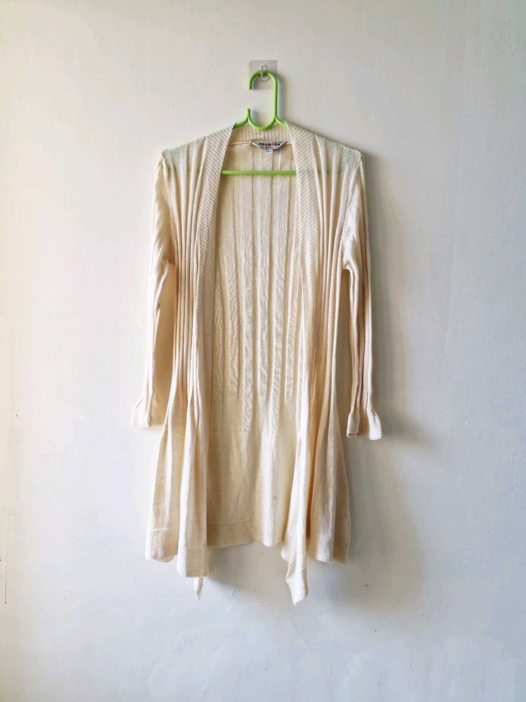 Cream Ribbed Longline Cardigan