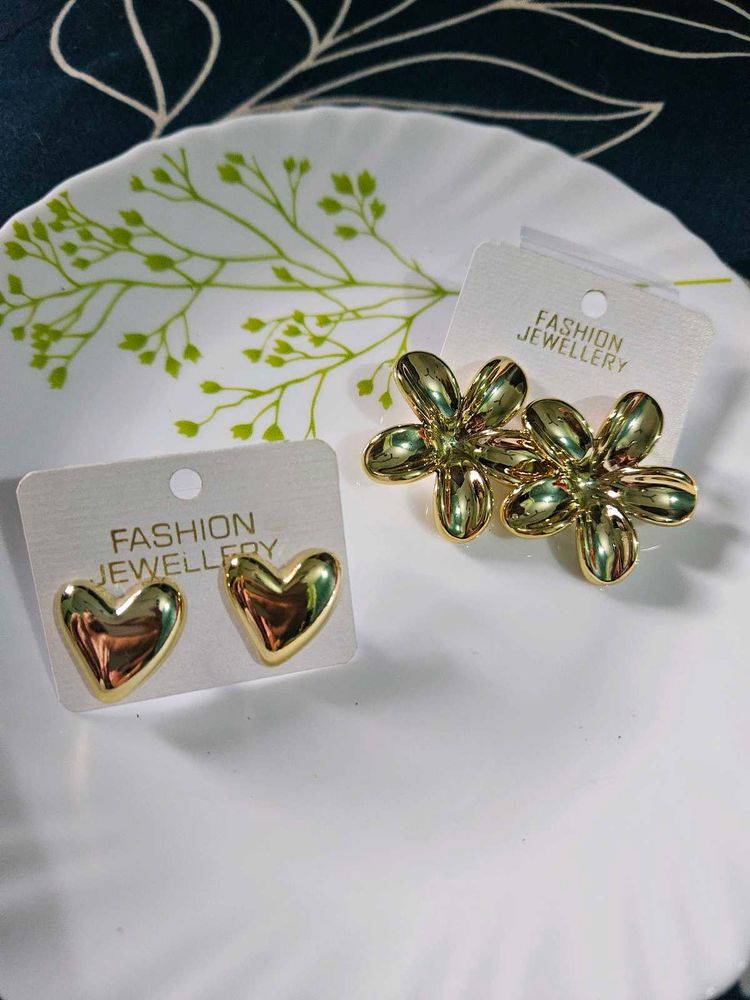 Gold Heart &amp; Flower Earrings Set