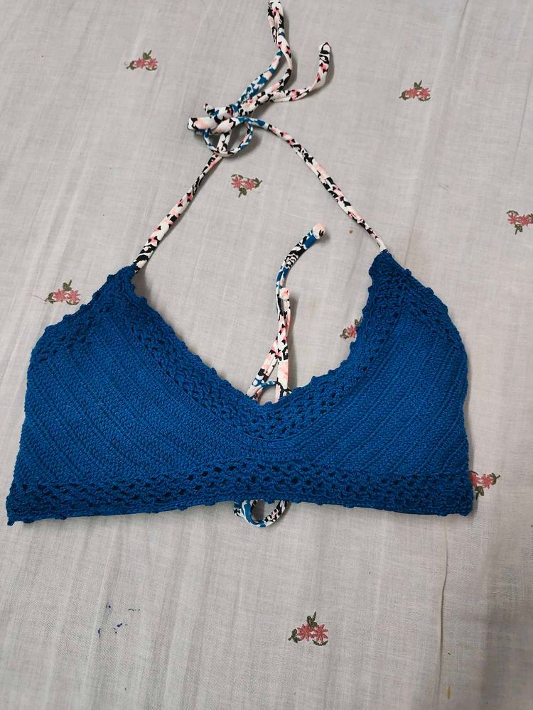 Blue Crochet Halter Bikini Top