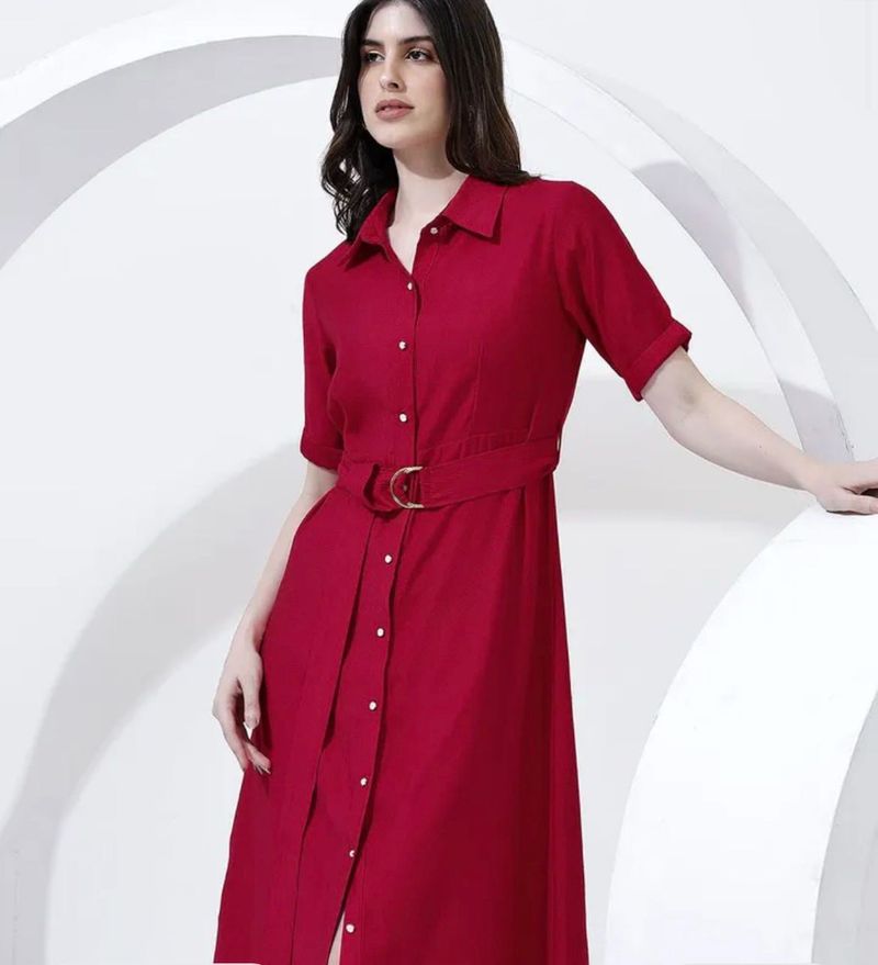 Elegant Red Shirt Dress with Belt