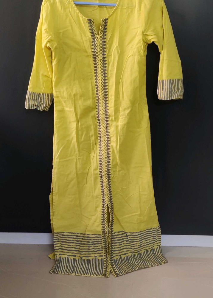 XS Yellow Cotton Kurta with Grey Print