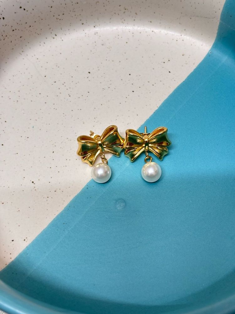 Golden Bow Pearl Drop Earrings