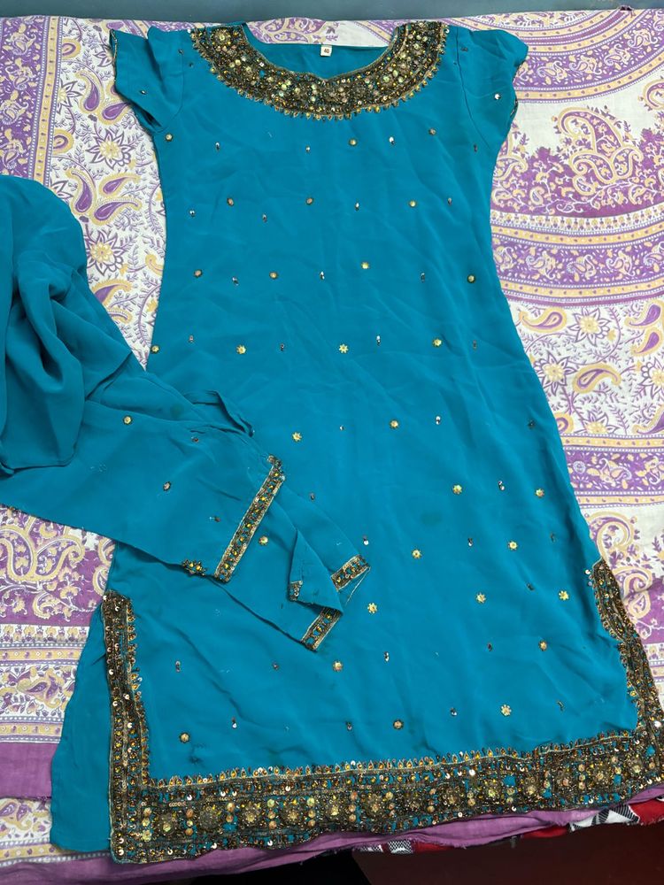 Elegant Teal Embellished Kurti with Churidar