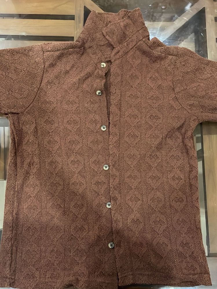 Brown Textured Button-Up Top