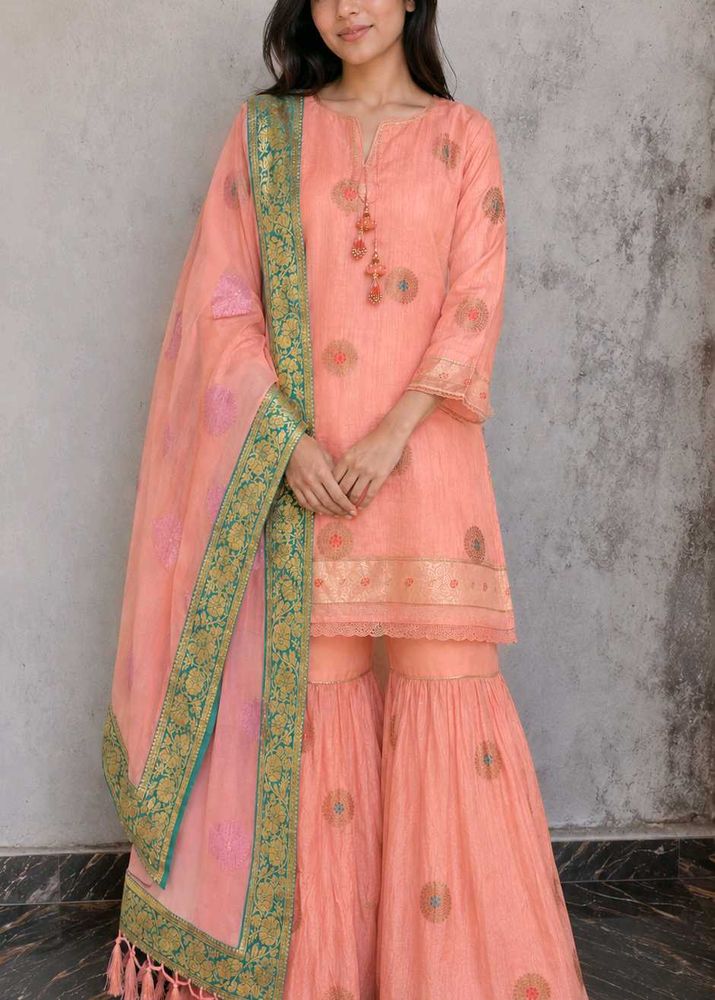 Peach Kurta Set with Sharara and Dupatta