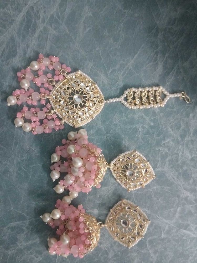 Pink Pearl Maangtika &amp; Earrings Set😍