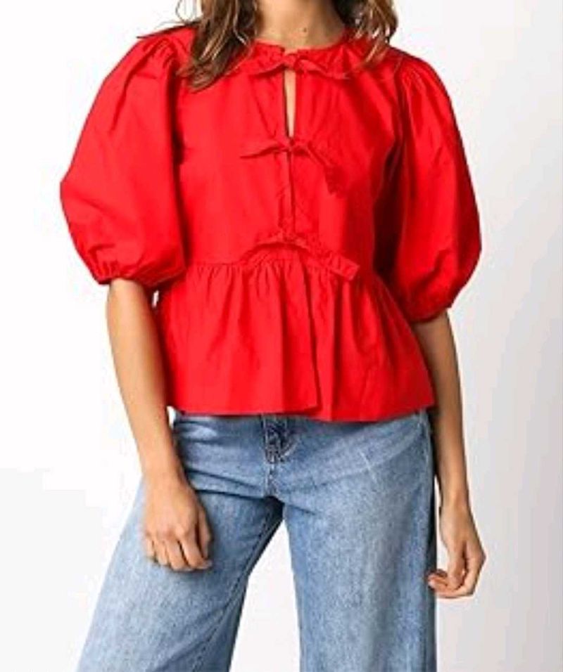 Elegant Red Bow Detail Puff Sleeve Peplum Top🌸