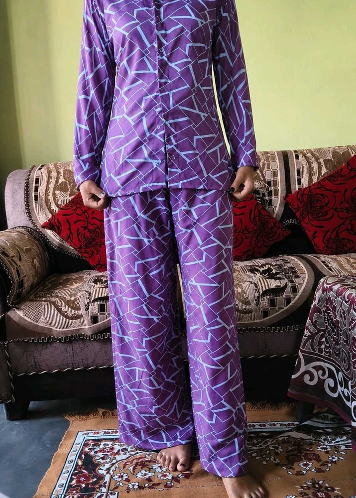 Purple Geometric Print night suit &amp; coat Set