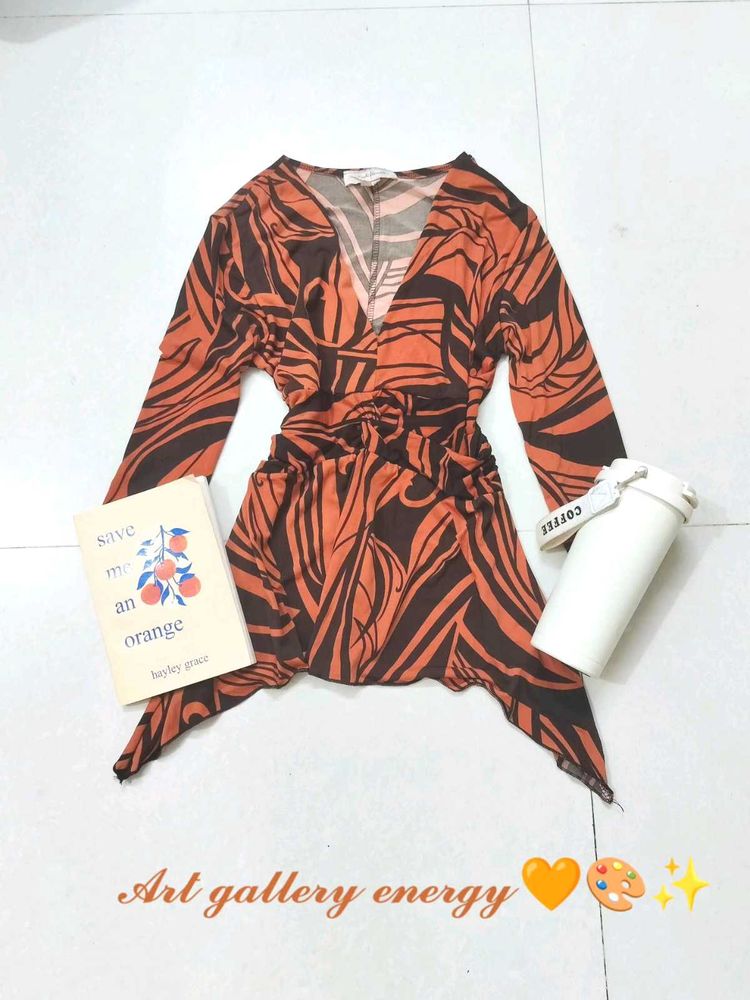 Unique Orange &amp; Brown Print Mini Dress