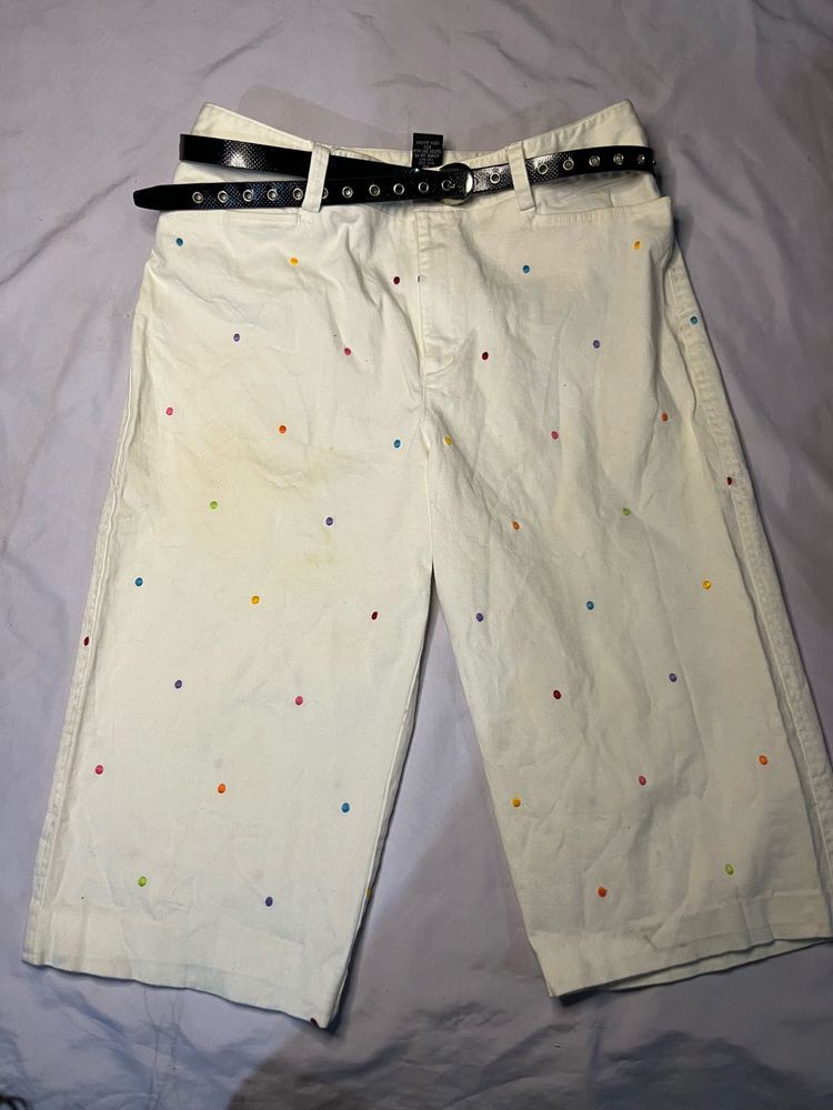 Cream Polka Dot Capris with Belt