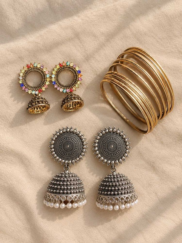 Oxidised Jhumka Earrings &amp; golden touch Bangles
