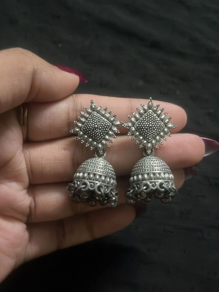 Oxidized Silver Jhumka Earrings