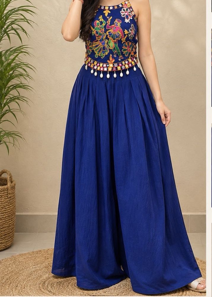 New Blue Crop Top &amp; flared Plazo Set Navratri