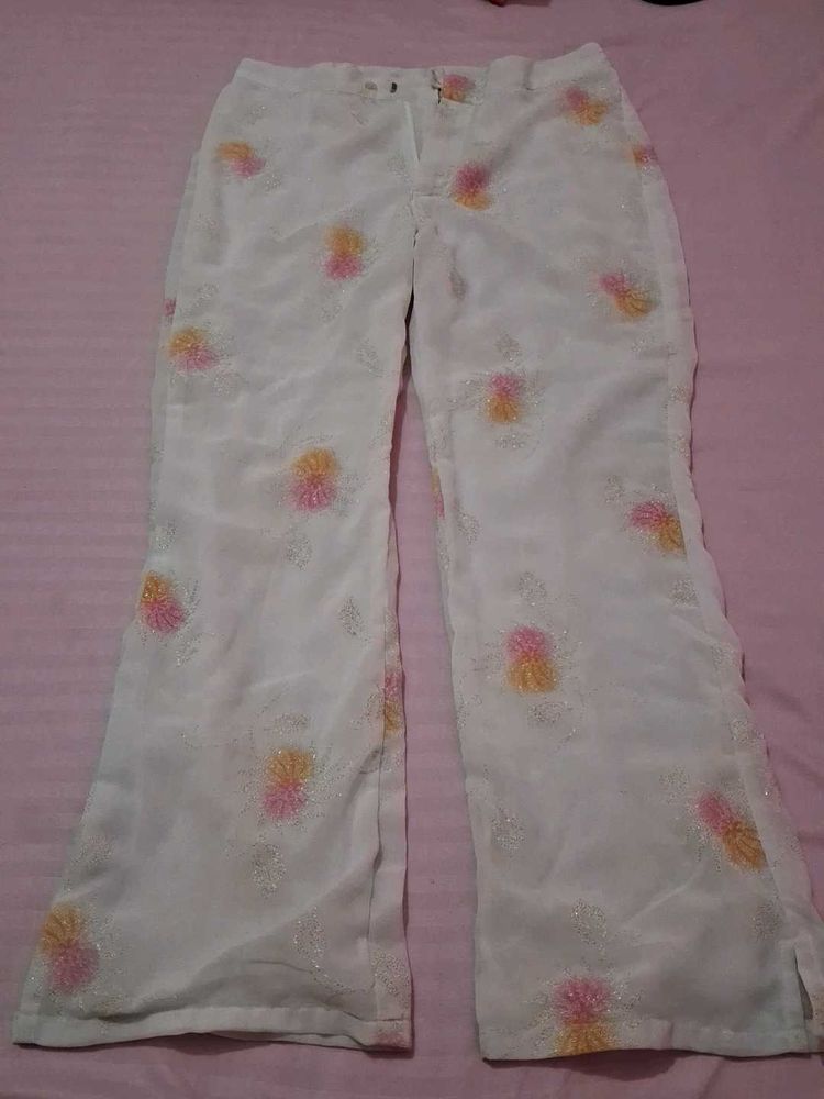White Embroidered Flared Pants