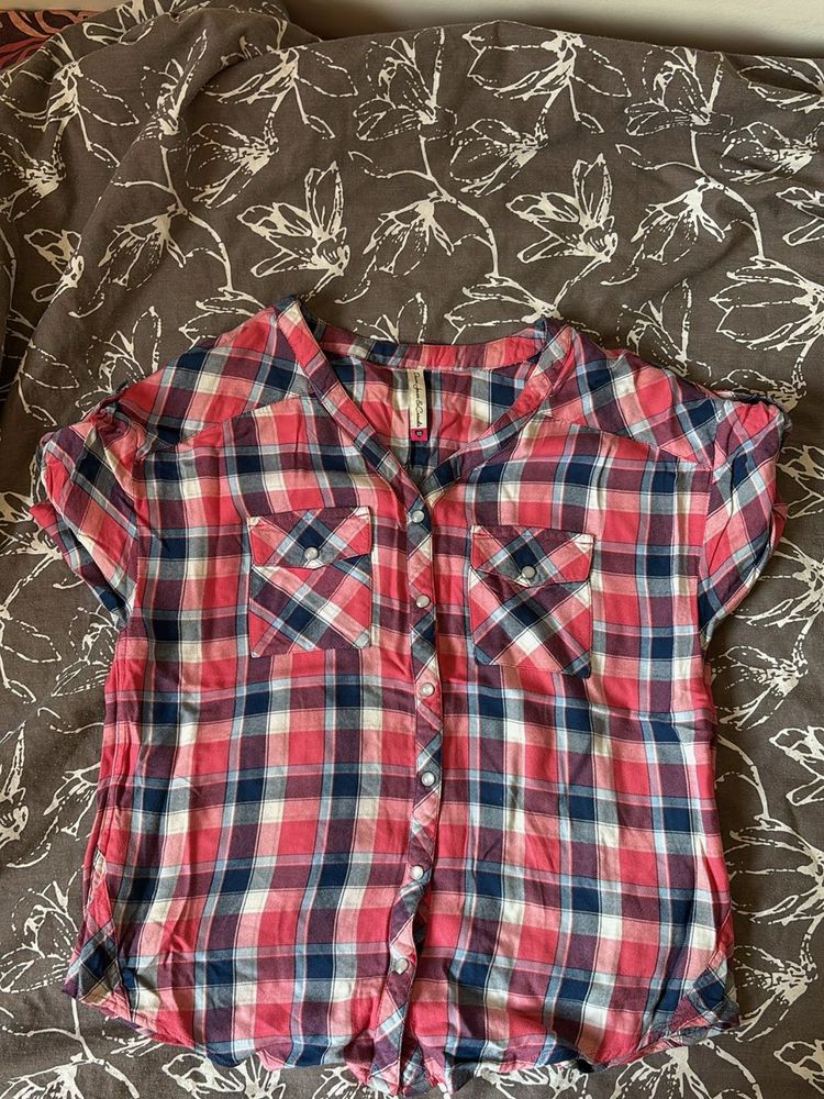 Chic Plaid Short Sleeve Button-Up Top