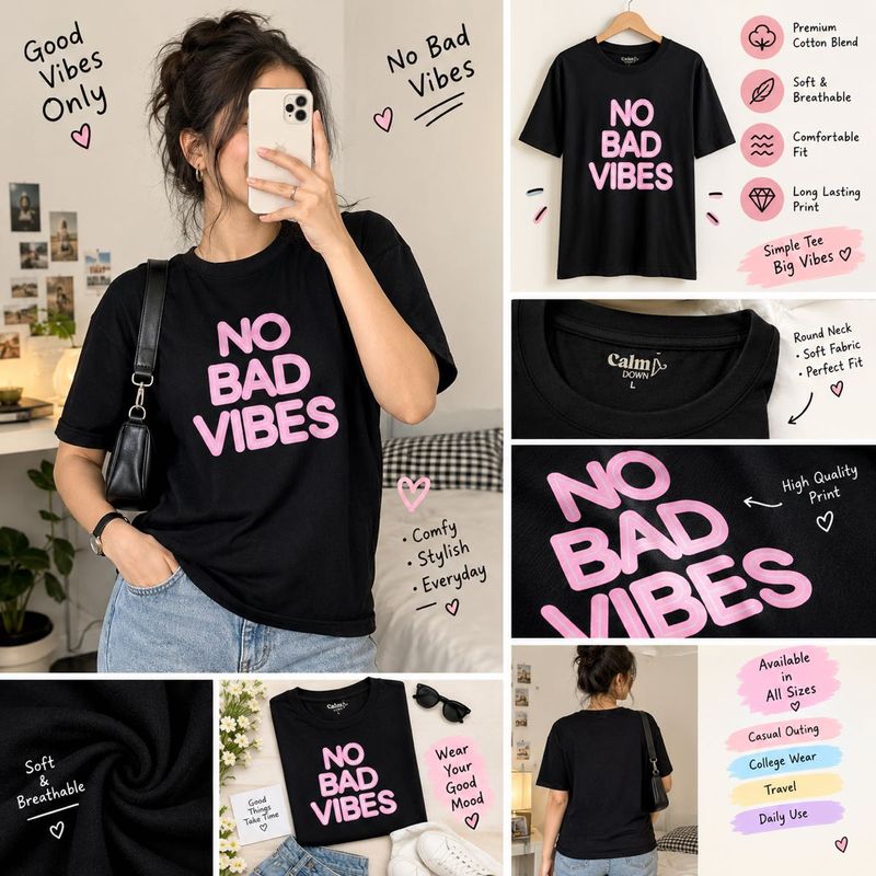 Graphic Print T-Shirt "No Bad Vibes"