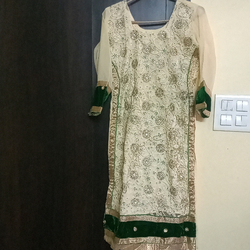 party wear kurti for mehendi functions, beautiful work &amp; off white with green colour combination
