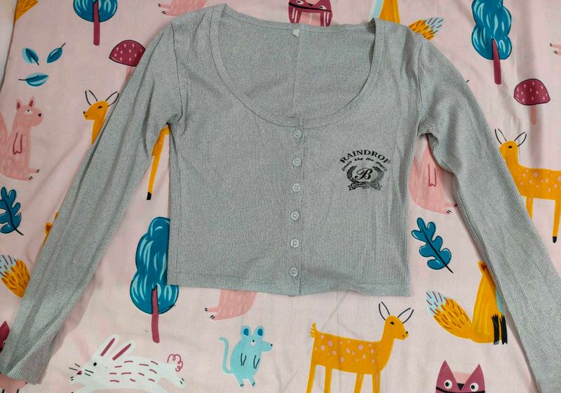 Grey Cropped Ribbed Button-Up Top