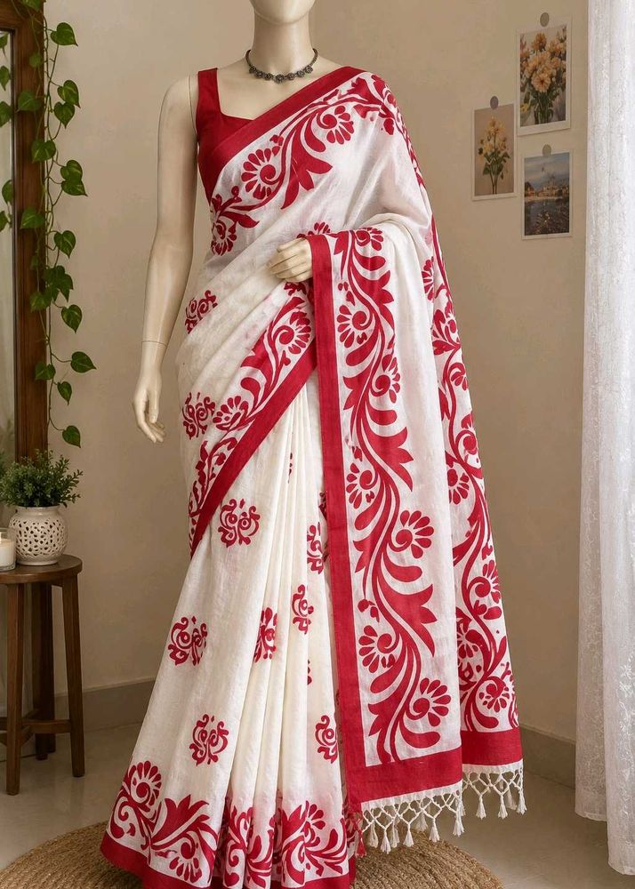 Elegant White &amp; Red Saree pure cotton