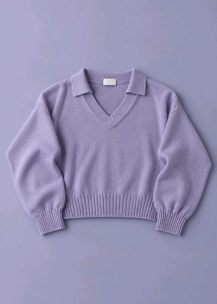 LAVENDER V-NECK COLLARED KNIT SWEATER