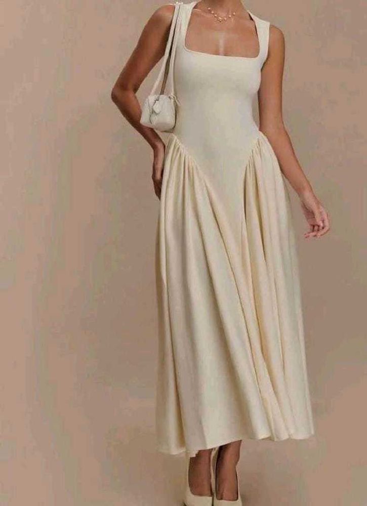Elegant Cream Square Neck Maxi Dress(without belt)