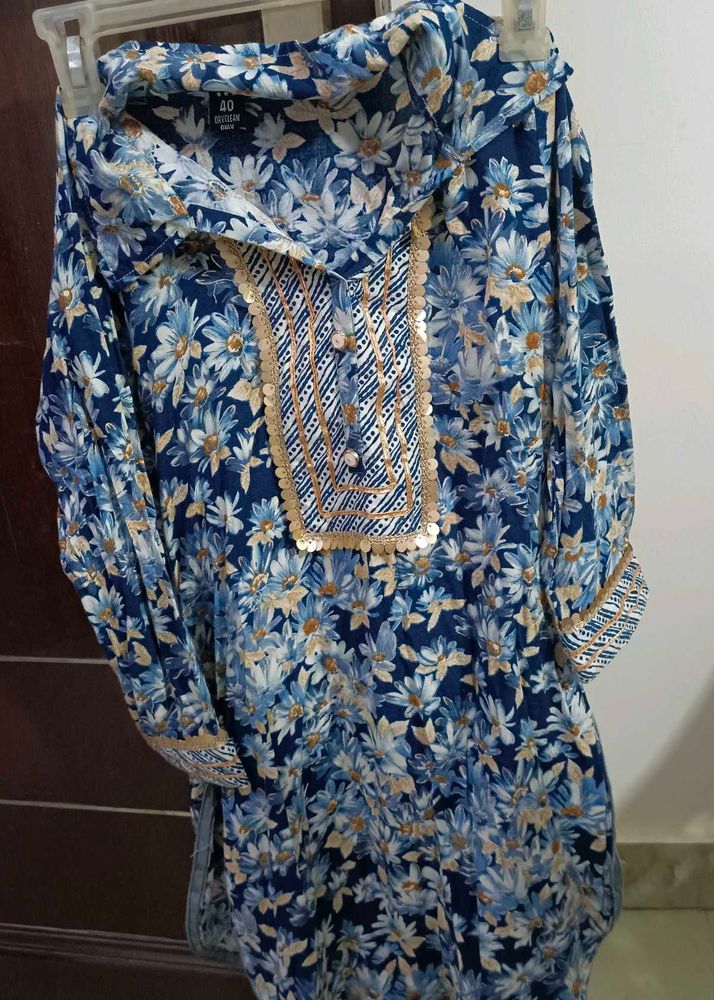 Floral Print Kurta with Embellished Neckline