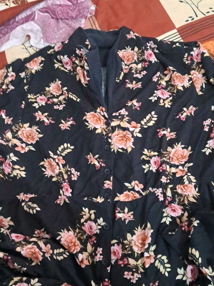 Chic Floral Print Collared Shirt  a line frock