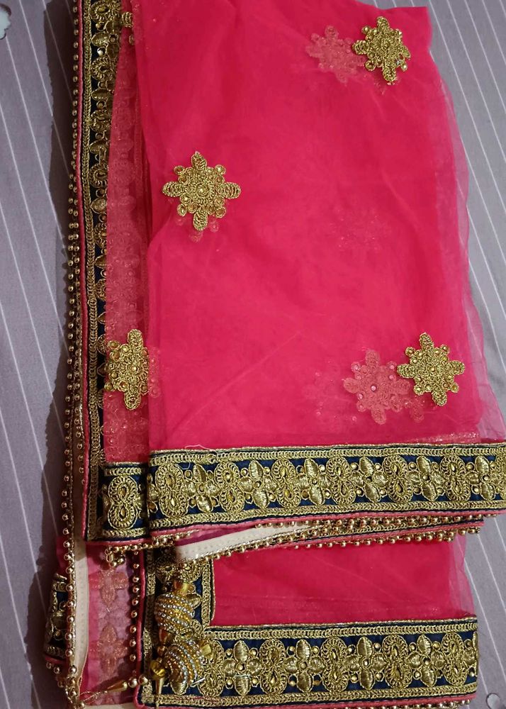 Pink Net Dupatta with Gold Embroidery