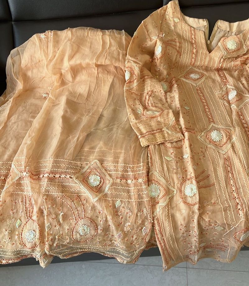 Peach Embroidered Kurta with Dupatta