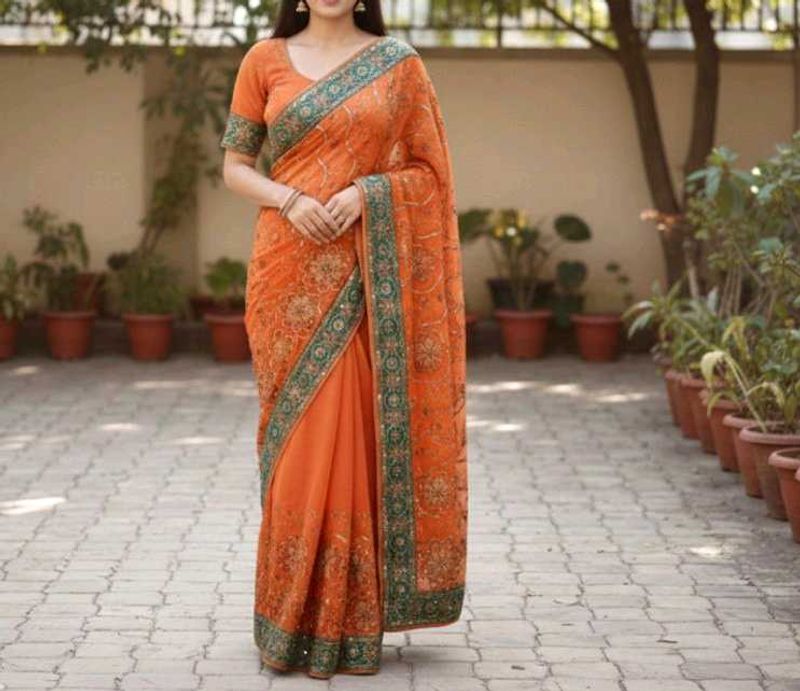 Orange Embellished Saree with Blouse