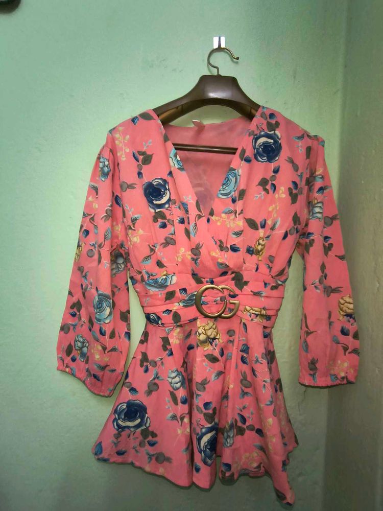 Deep V Neck  Floral Wrap Top with Belt