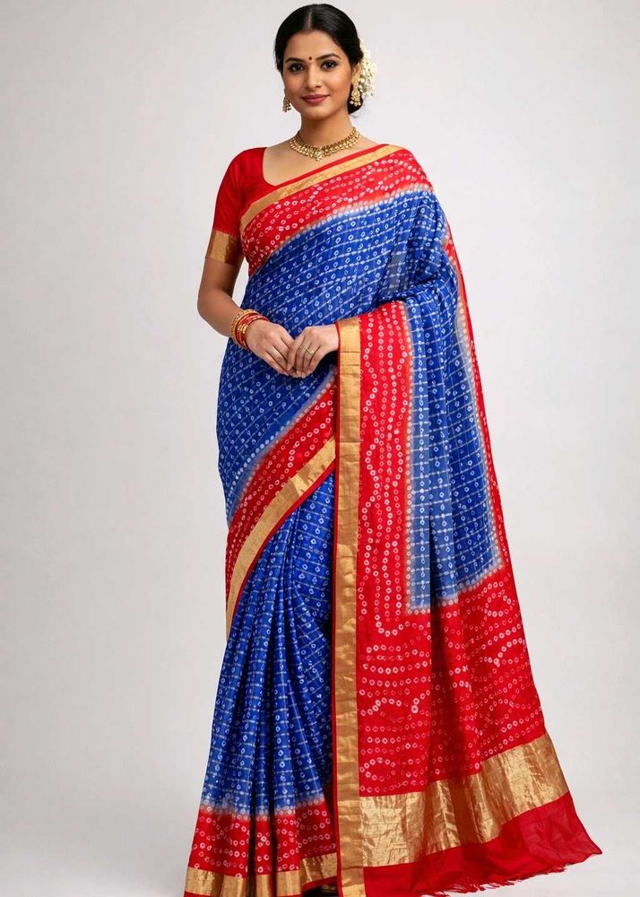 Blue &amp; Red bandhani Saree
