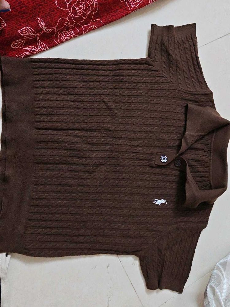Women's Brown Cable Knit Polo Shirt