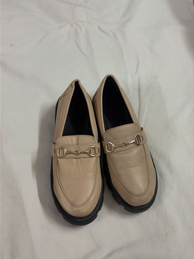 Women's Beige Loafers with Gold Buckle