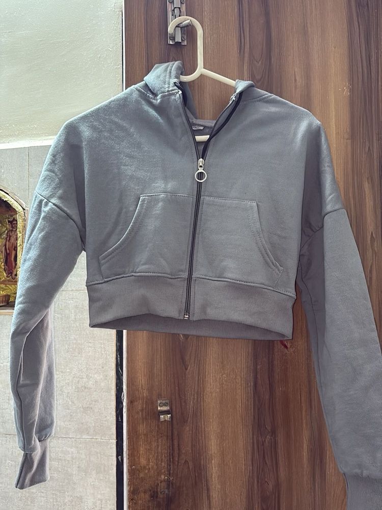 Grey Cropped Zip-Up Hoodie