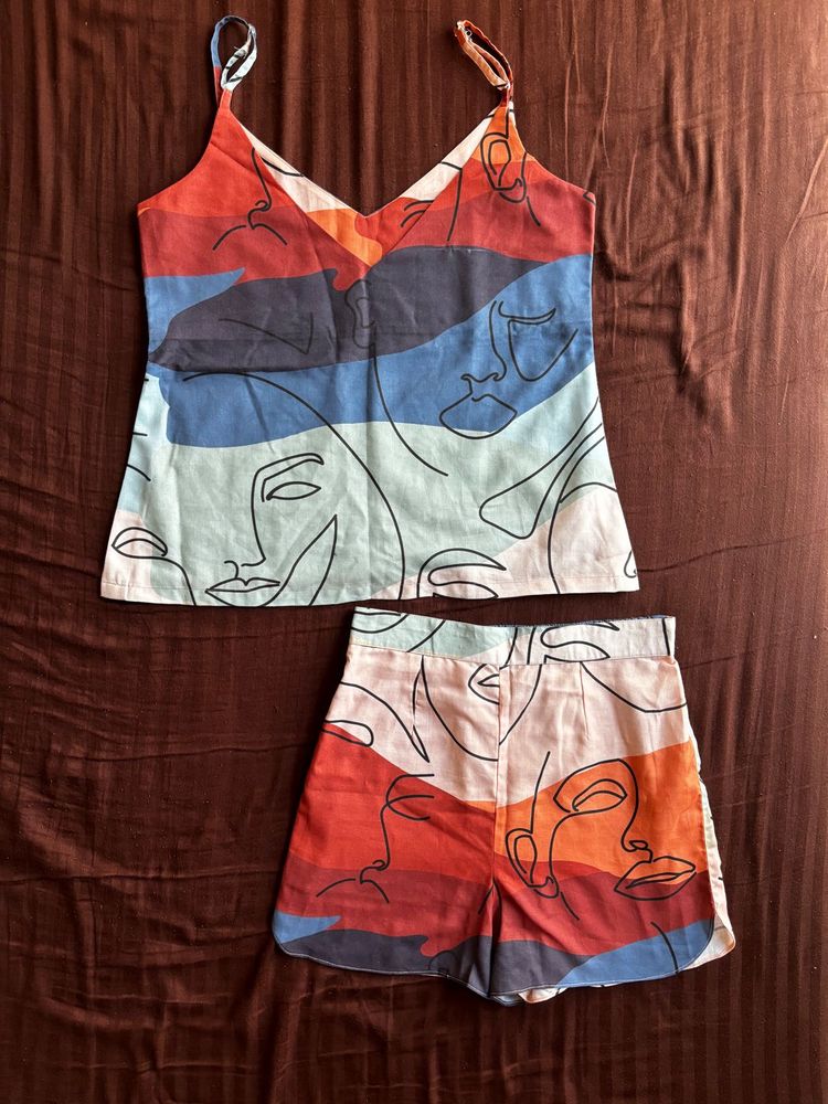 Artistic Face Print Camisole &amp; Shorts Set