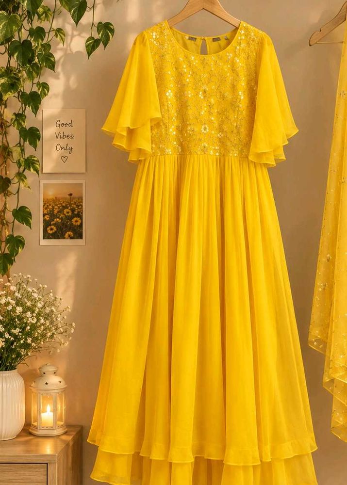 Beautiful Yellow Ethnic Gown with Sequins