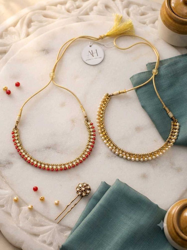 Set of 2 ~ Red &amp; Gold Pearl Necklaces