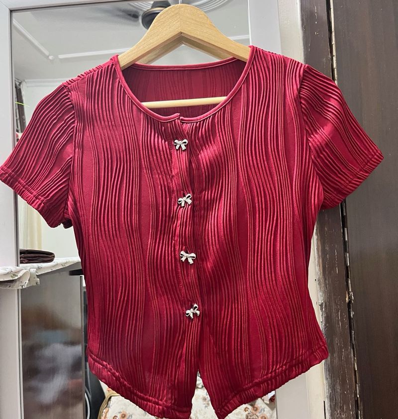 Red Textured Bow Button Top