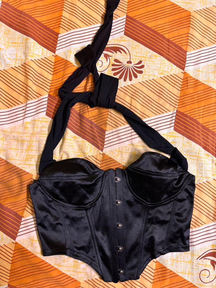 Black Satin Corset Top with Halter Neck